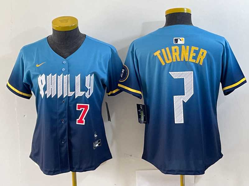 Womens Philadelphia Phillies #7 Trea Turner Number Blue 2024 City Connect Limited Stitched Jersey